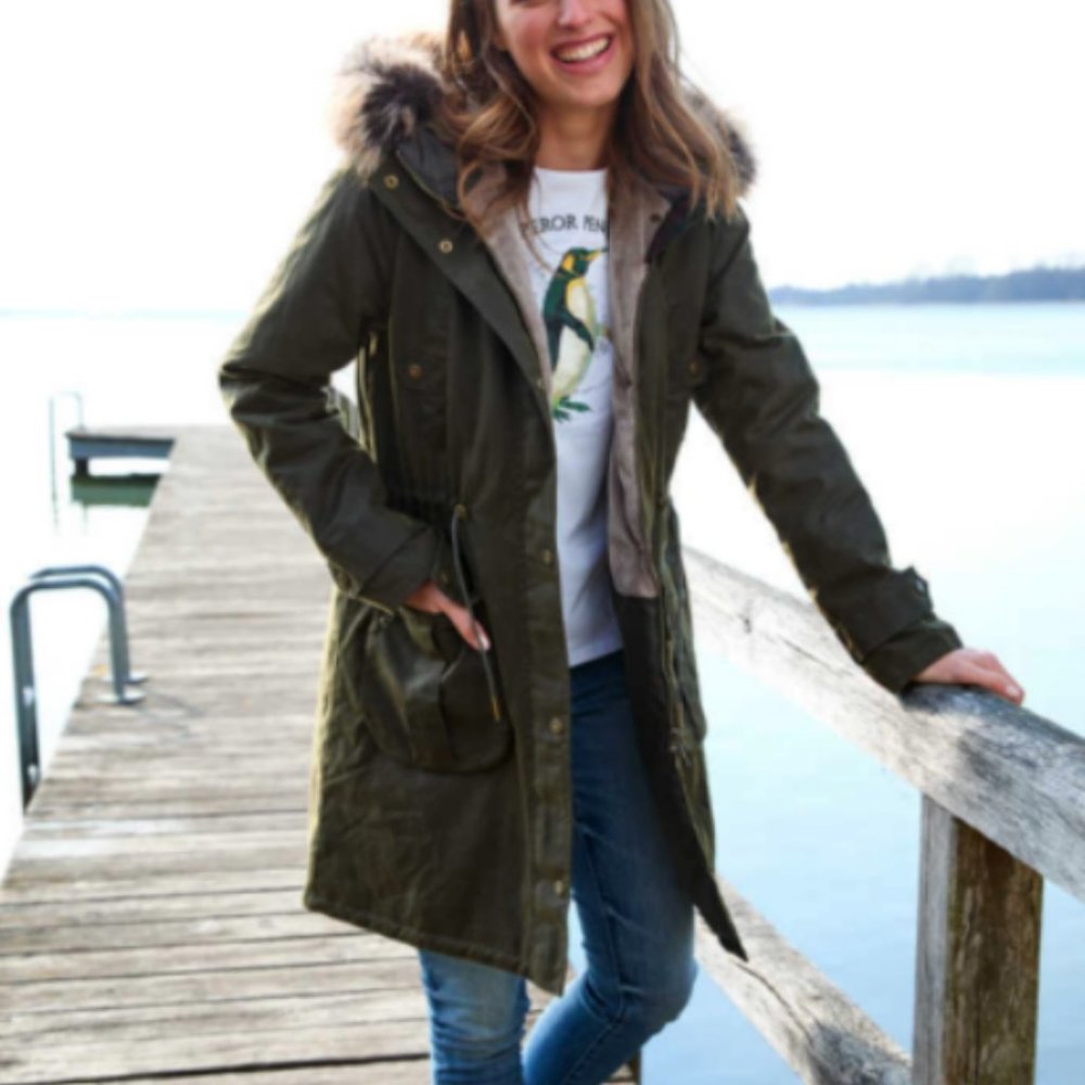 Barbour Hartwith Hooded Faux Fur Trim Wax Parka MSRP $600 in Olive Great Reviews